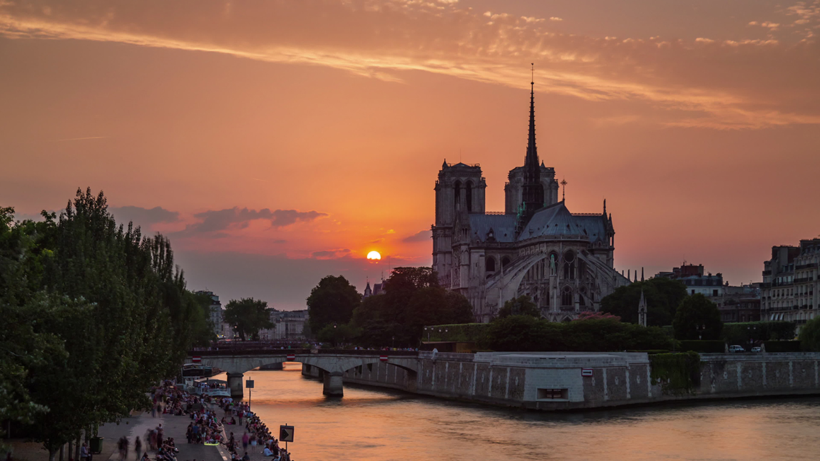 france sunset notre dame de paris river bay panorama 4k time lapse