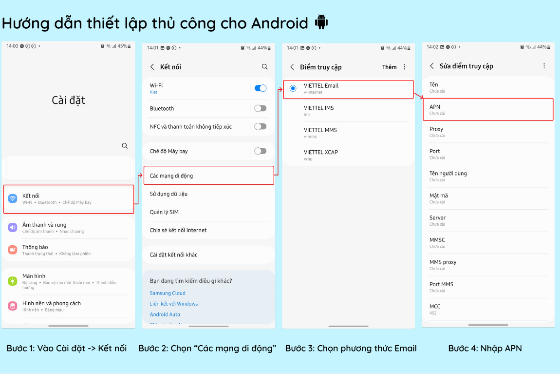 hướng dẫn thiết lập thủ công cho android